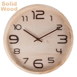 Pine Wood Frame Quartz Analog Silent Wooden Wall Clock For Modern Home Decor