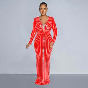 Vestido de Mujer de Lujo de Marca Famosa con Bordado de Diseñador para Cena, Fiesta, Club, Moda, Manga Larga, Abertura Lateral, Falda Larga - Product Image 5