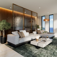 Conception d'intérieur de villa moderne minimaliste avec vue sur la mer, rendu 3D, décoration intérieure, directement de l'usine