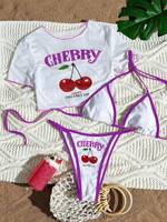 Ensemble bikini 3 pièces pour femme, imprimé cerises, haut court graphique fruité mignon, cache-maillot, bas à nouer ajustable, bordure contrastante, maillot de bain sexy