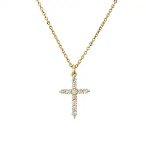 14K Gold Plated brass pave zircon Cross Pendant Necklaces for Women