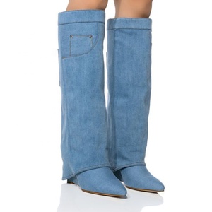Bottes hautes en jean bleu pour femmes, style personnalisé, avec talon compensé, bout pointu plié, bottines longues - Product Image 2