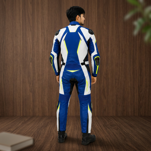 Traje de Motociclismo de Cuero con Bloques de Color Azul, Blanco, Negro y Amarillo Neón, Mono Protector de Manga Larga - Product Image 2