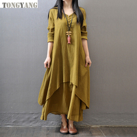 TONGYANG Robe Longue Femme Vintage en Coton et Lin, Boutonnage Simple, Ample et à Poches, Une Pièce, Décontractée, Grandes Tailles