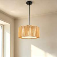 Lustre suspendu en forme de tambour en fer noir mat avec abat-jour en corde de papier tressé à la main pour salle à manger et salon