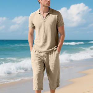 ชุดเสื้อโปโลผ้าลินินผู้ชายแบบครอสบอร์เดอร์ กางเกงคาปรี สีขาว สำหรับฤดูร้อน สวมใส่สบาย ระบายอากาศได้ดี ทรงหลวม เหมาะสำหรับใส่ไปชายหาด - Product Image 3