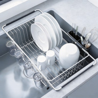 Égouttoir à vaisselle extensible BX pour évier, organisateur de rangement de cuisine avec porte-ustensiles et crochets pour bols, assiettes, tasses et couverts