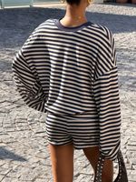 Ensemble de détente rayé Y2K pour femme, sweat-shirt oversize à manches longues et short, ensemble pyjama 2 pièces color block