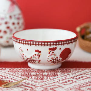 Tazón Grande de Cerámica Pintado en Blanco, <span class=keywords><strong>Rojo</strong></span> y Marrón, Estilo Rústico Campestre, Vajilla para el Hogar, Tazón para Sopa y Arroz - Product Image 3