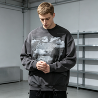 Sudadera de cuello redondo de tejido grueso con lavado vintage, estampado de mapa con efecto desgastado, estilo streetwear funcional, top oversize