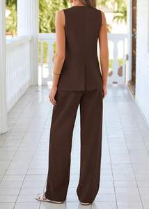 Costumes en velours anti-rides sur mesure OEM&ODM pour femmes, ensembles élégants 2 pièces, veste sans manches, <span class=keywords><strong>pantalon</strong></span> large assorti - Product Image 5