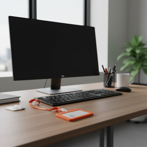 Porta badge orizzontale ILAN con cordino da 43 cm, colore arancione, per badge da lavoro - Product Image 2