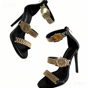 Produttore 2026 personalizzato Sexy nero alla moda decorazione di orologi in <span class=keywords><strong>oro</strong></span> semplice di grandi dimensioni con Logo personalizzato sandali a spillo tacchi per le signore - Product Image 3