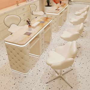 Luxury Bubble Tufted <b>Nail</b> Table Marble Top Manicure <b>Desk</b> With LED Light Drawers for Beauty <b>Nail</b> Salon - Product Image 4