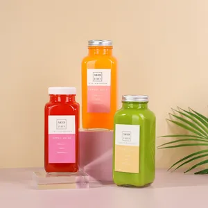 Garrafa de vidro quadrada transparente para bebidas francesas, 8 onças, 250 ml, 300 ml, 350 m, prensa a frio, suco de frutas, garrafas herméticas com tampa de rosca