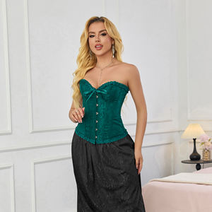 Corsetto Gotico Vittoriano in Broccato Verde Smeraldo, <span class=keywords><strong>Senza</strong></span> <span class=keywords><strong>Spalline</strong></span>, Scollatura a Cuore, con Balze e Allacciatura, <span class=keywords><strong>Bustier</strong></span> per Cosplay e Feste - Product Image 5