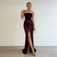 Robes de soirée longues pour femmes, élégantes, de gala, de soirée formelle, en velours bordeaux, sans bretelles, drapées, à fente haute, sirène