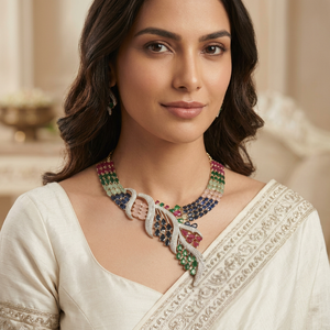 Luxurious Brass Multicolored Gemstone <b>Statement</b> <b>Necklace</b> Elegant CZ Diamond Indian Bridal Fashion Choker Chonky Jewelry - Product Image 1
