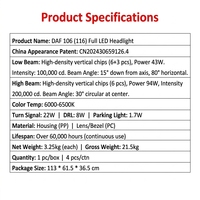 Feux avant à LED pour camion DAF XF106 EURO-6 2016-2024