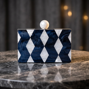 Luxury Navy Blue <b>White</b> Diamond Pattern Clutch <b>Bag</b> With Pearl Top Handmade Plastic <b>Evening</b> Purse Unique Style New Arrival Latest - Product Image 1