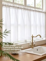Cortina de tul de poliéster estilo francés, transparente, para montar en la pared, personalizable, para todas las estaciones, sin necesidad de agujeros, media longitud, para ventanas abatibles y cocinas.