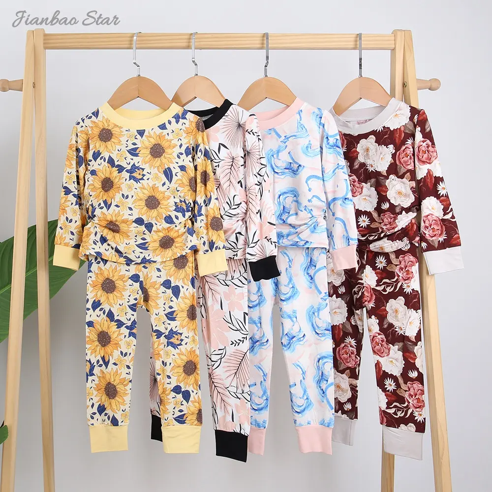 Custom Printed Designs Bamboo/Cotton Baby Pajamas Suits Set Kids Clothing Factory Eco Friendly 2 Pcs Long Sleeve Casual Baby Set