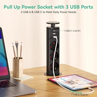 Prise pop-up rétractable à 3 voies avec USB C/prise de tour intégrée à main pour plan de travail, bureau, cuisine