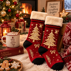 Chaussettes de Noël personnalisées pour femmes et hommes, couleur rouge vin, motif arbre doré jacquard, chaussettes d'hiver chaudes en polaire, chaussettes pantoufles moelleuses avec bordure en fourrure pelucheuse - Product Image 1