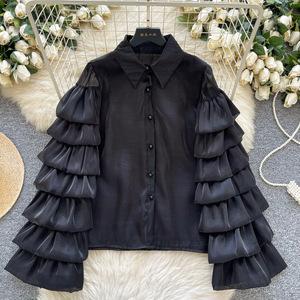 เสื้อเบลาส์แขนยาวระบายหลายชั้น สัมผัสนุ่มหรูหรา ผ้าซาติน แฟชั่นสำหรับผู้หญิง - Product Image 2