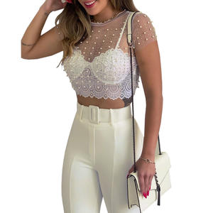 2024 da donna con strass di perle e perle a manica corta perle aderenti camicie estive Sexy copricover da spiaggia - Product Image 3