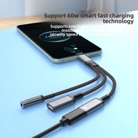 Cable Adaptador 3 en 1 de Nailon Trenzado de 60W con Conector Tipo-C y Entrada de Auriculares de 3.5mm, Entrada de CC y Salida de CA para Laptop y Teléfono Móvil