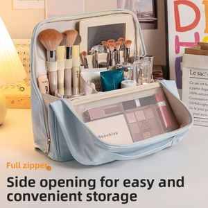 Grande trousse de maquillage en PU imperméable à grande capacité avec ouverture latérale, organiseur de voyage pour cosmétiques avec porte-pinceaux, poche en filet et poignée - Product Image 3