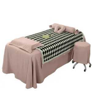 厂家价格粉色棋盘格设计沙龙床单套装按摩桌裙面部套衣床套带面部孔