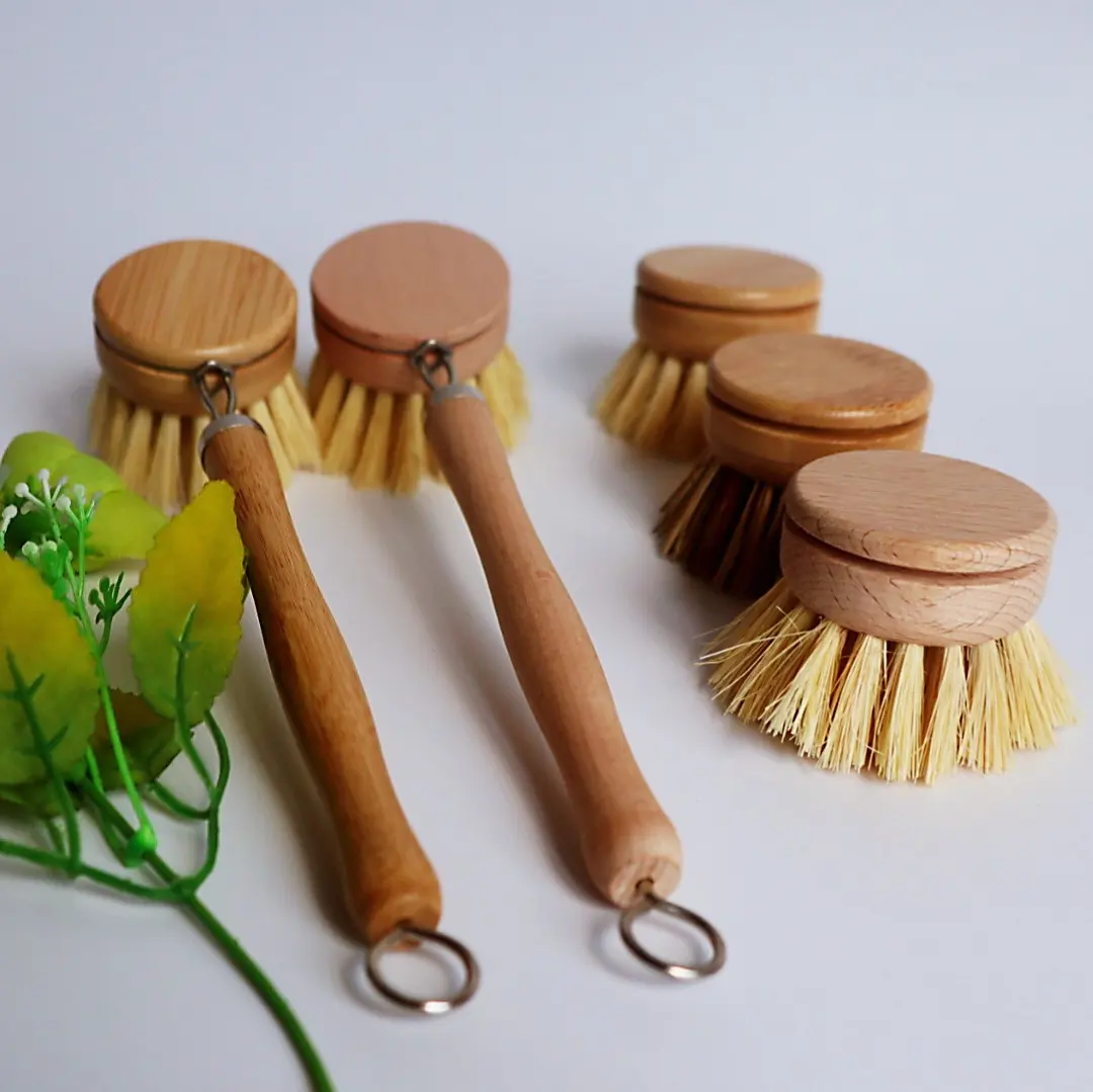 Ahşap mutfak bulaşık fırçası dahil doğal bambu fırçalama temizleme yedek kafaları doğal bulaşık fırça mutfak