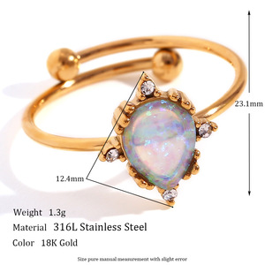 Vintage Synthetic <b>Opal</b> Open Adjustable 316L Stainless Steel <b>Ring</b> 18K <b>Gold</b> Plated Bohemian Fashion Finger Jewelry For Women - Product Image 3
