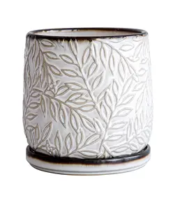 Planteur de feuilles gaufrées en grès, Pot avec trou de Drainage et soucoupe fumée, robe élégante blanche pour décor stylo, Design exquis