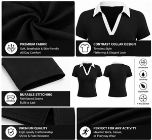 Black Jersey <b>Polo</b> <b>Crop</b> <b>Top</b> Women Custom Logo Short Sleeve Contrast Collar OEM ODM Casual Fashion <b>Top</b> - Product Image 3