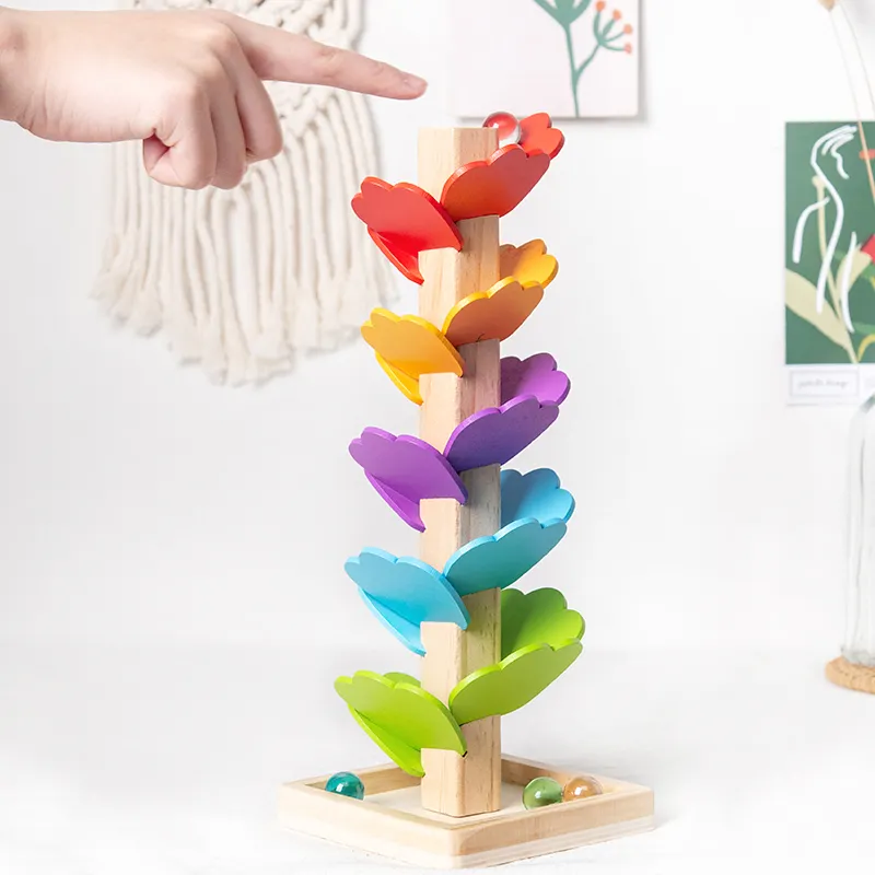 الملونة diy يترك برج كرة رخامية لعبة خشبية شجرة الكرة لعبة للأطفال