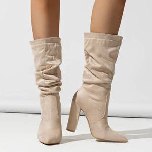 Hot Product Botines Dama Wrinkle Trendy Chunky Heel Shoes Suede Leather Women <b>Boots</b> - Product Image 4