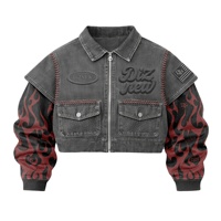 Jaket Denim Musim Dingin Kancing Abu-abu Washed Crop Merah Hitam Lengan Rajut Motif Api Logo Timbul 3D Badge Oval Jahitan Kulit Kepang