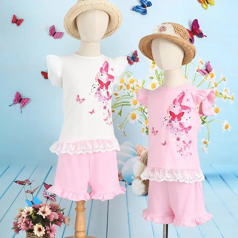 New Summer Girls Outfits Kids Clothes 2 Pcs Butterfly Print Flying Sleeve Tops+short Pants Cotton Casual Girls Clothing Set 1-5Y