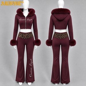 Completo da jogging invernale da donna all'ingrosso, 2 pezzi, stampa leopardata, 100% cotone felpato, pantaloni ecologici - Product Image 2