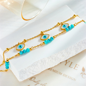 European American Style Double Layer Anklet With Turquoise Beads And Evil Eye Charms For Women Fashion Foot Ornament - Product Image 4