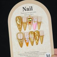 Tacana 10 pièces Faux ongles à presser de luxe style français, forme Stiletto, avec nœud, cœur, strass, baroque, doré européen, couverture complète