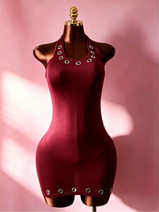 Robe moulante mini <span class=keywords><strong>vintage</strong></span> sexy sans manches à dos nu avec anneau métallique pour <span class=keywords><strong>femme</strong></span>, collection printemps-été - Product Image 6