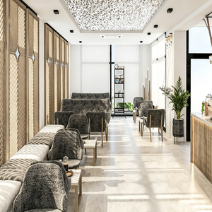 Caffetteria con bancone in legno a onde personalizzabile - Progettazione di banconi per ristoranti - Product Image 4