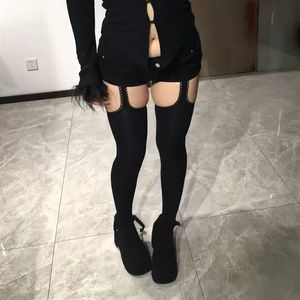Black Four Way Strappy Velvet Pantyhose With 3D Lace Trim Cutouts On Thighs Faux <b>Suspender</b> <b>Tights</b> Opaque 10D Solid Color - Product Image 1