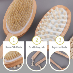 Double Sided Bath Brush with Long Wooden Handle, Natural Bristle and Nylon for <strong>Back</strong> <strong>Scrub</strong>, Exfoliating Body Care &amp; Home Use - Product Image 3