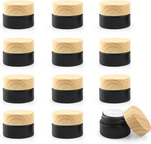 <b>Matte</b> <b>Black</b> Industrial Chemical Use Face Cream Containers 5g-100g Round Cosmetic Glass Jars with Plastic Wood Grain Lid - Product Image 1