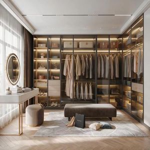 Dressing moderne sur mesure, armoire de rangement en bois avec porte en verre à cadre noir - Product Image 4